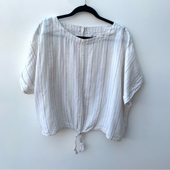 Marks & Spencer Tops - M&S Women's Size 24 100% Linen Top Cream Rainbow Vertical Stripe Boxy Tie Loose